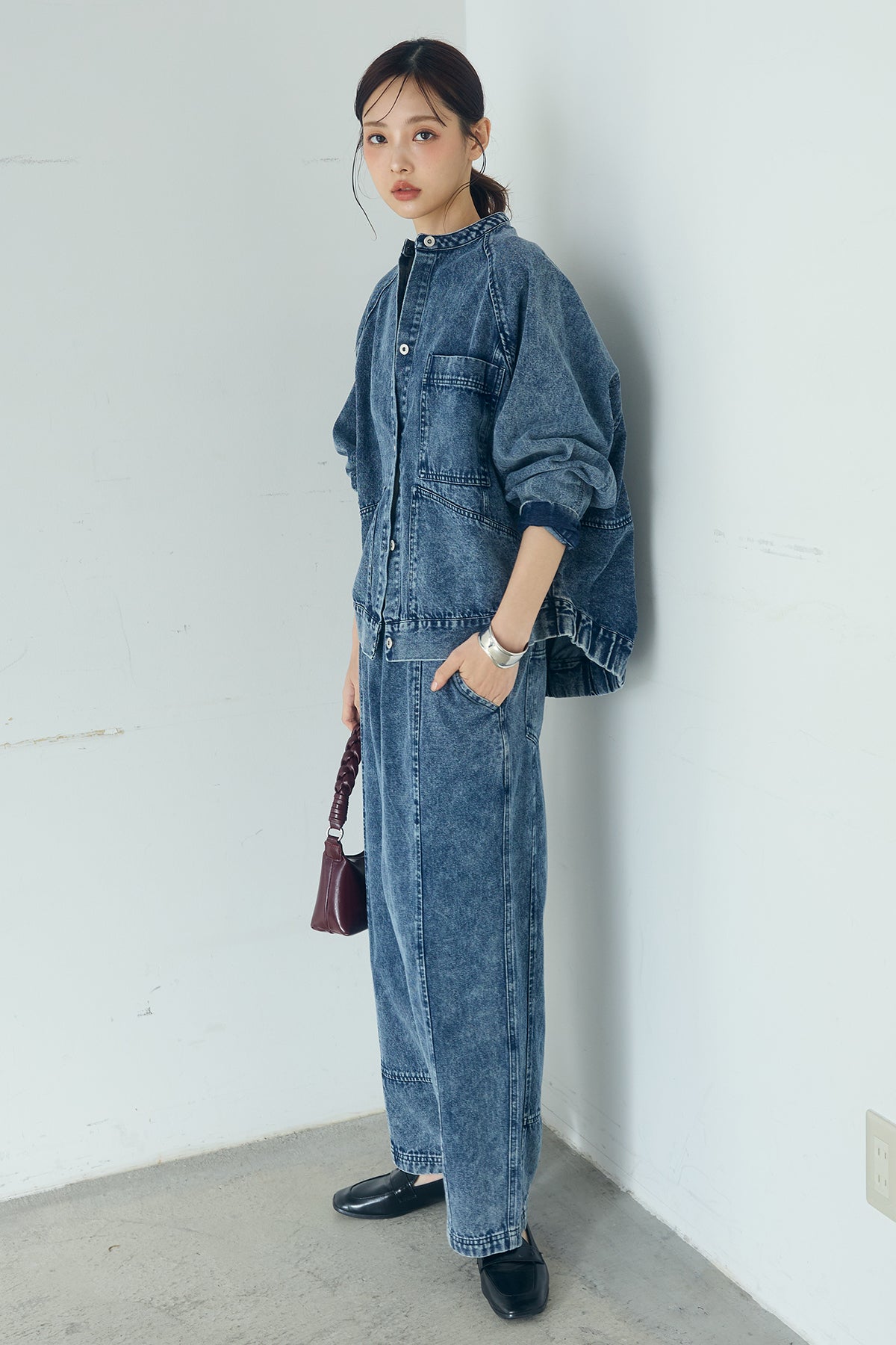 SET]カラーデニムケミカル加工ノーカラーブルゾン+カラーデニム
