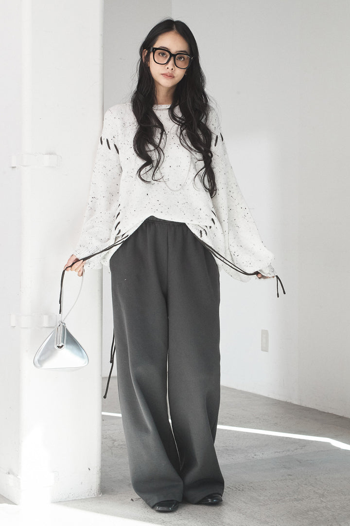 [SET]ネップ編み上げニットトップス+裏起毛スウェットワイドパンツ(2set)