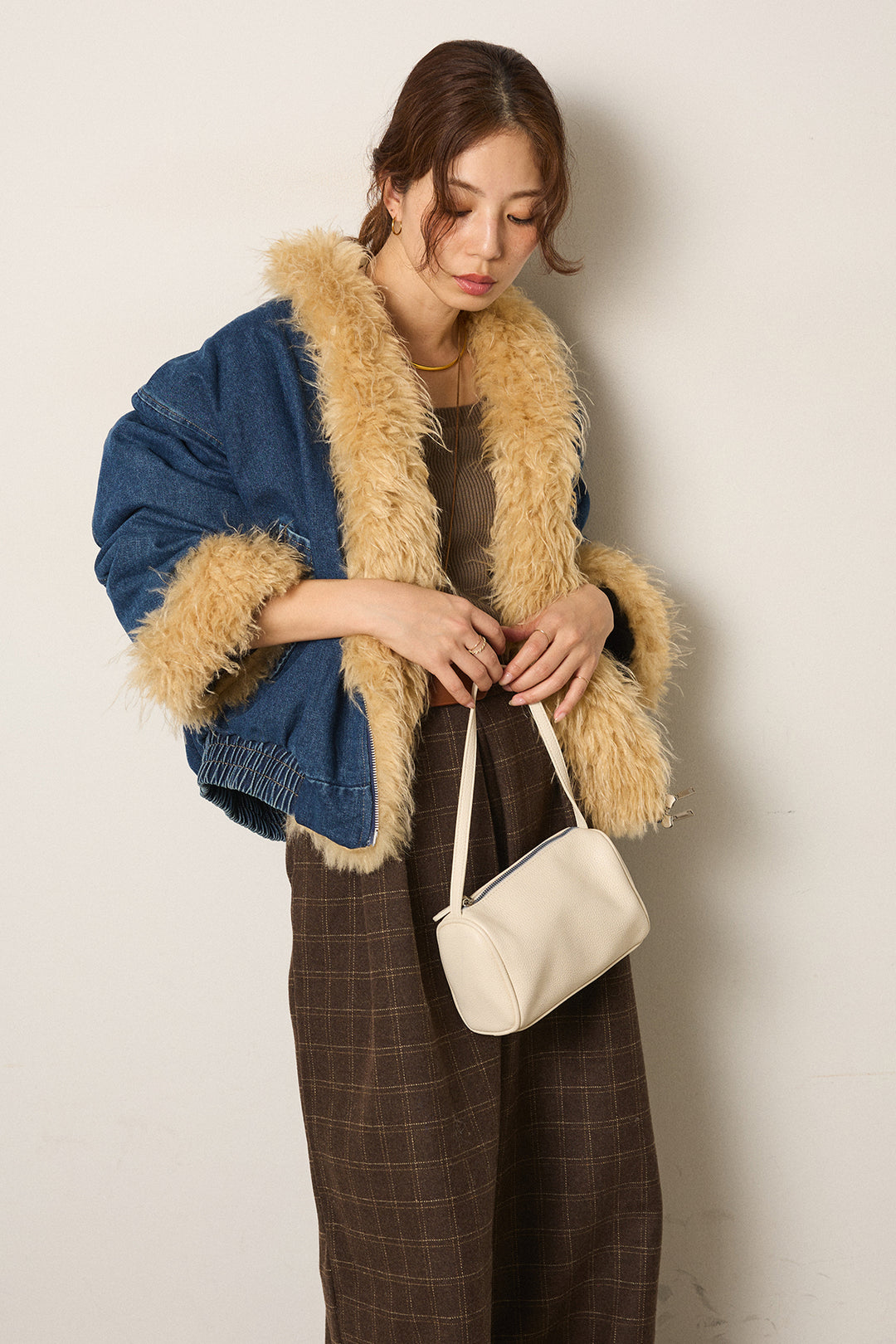 [SET]エコファーデニムボアジャケット+ウールライクチェックタックパンツ(2set)