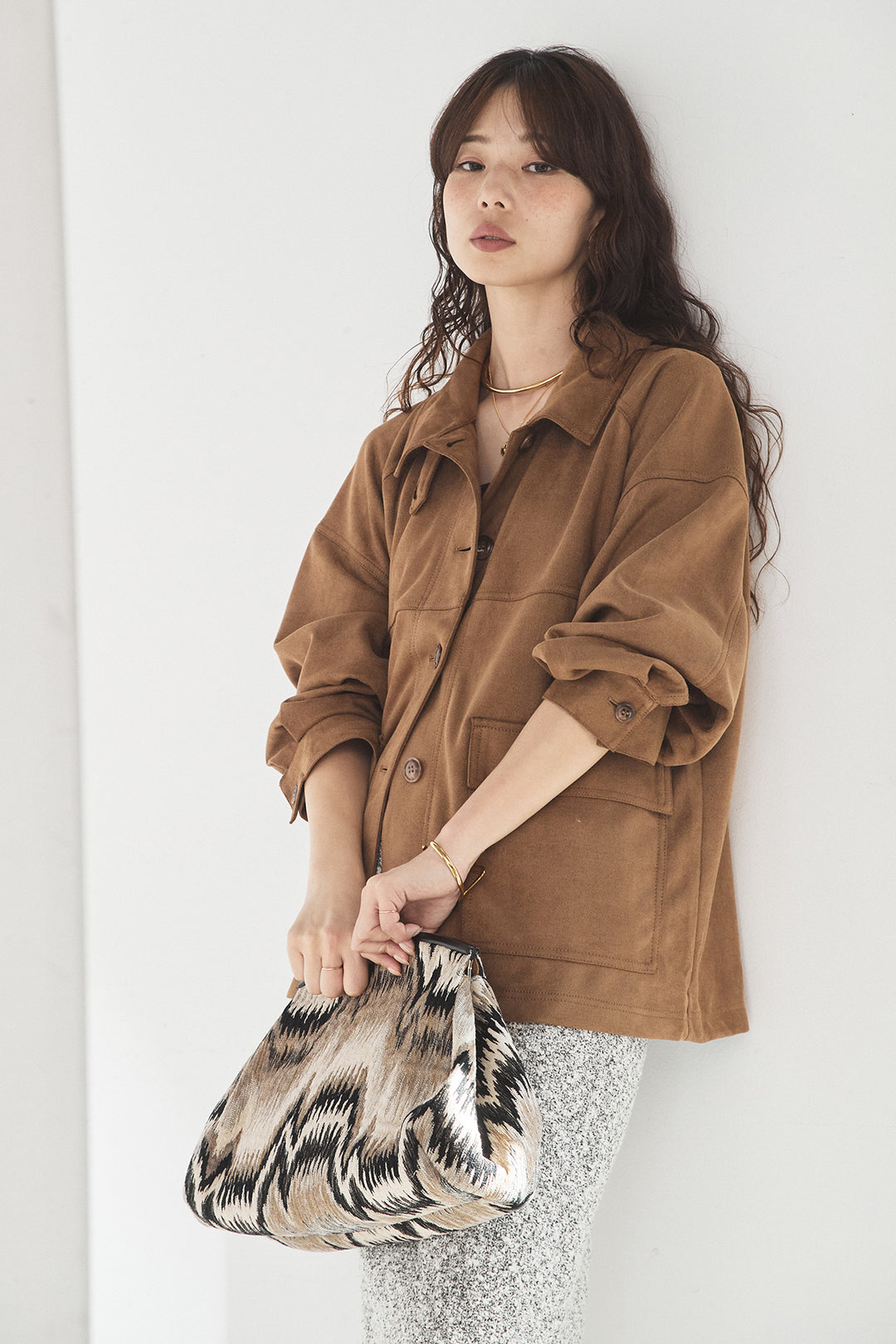 [SET]デカポケスエポンジャケット+ツイード風MIXスラブスカート(2set)