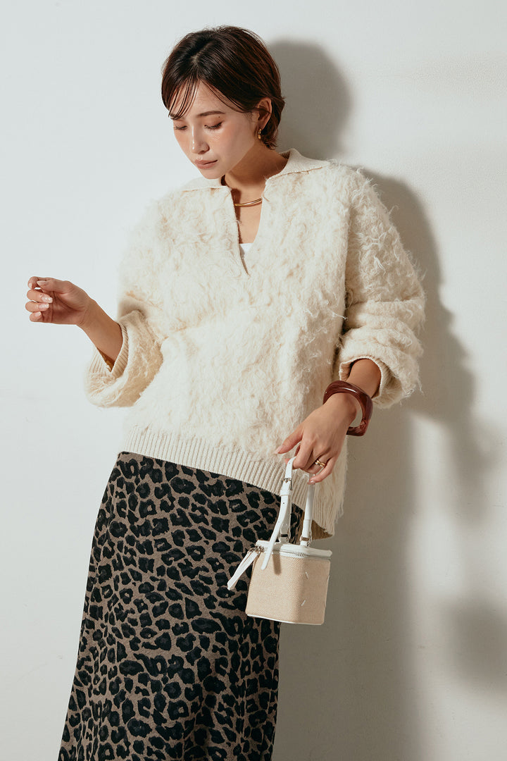 [SET]襟付きシャギーニットポロトップス+レオパードロングスカート(2set)