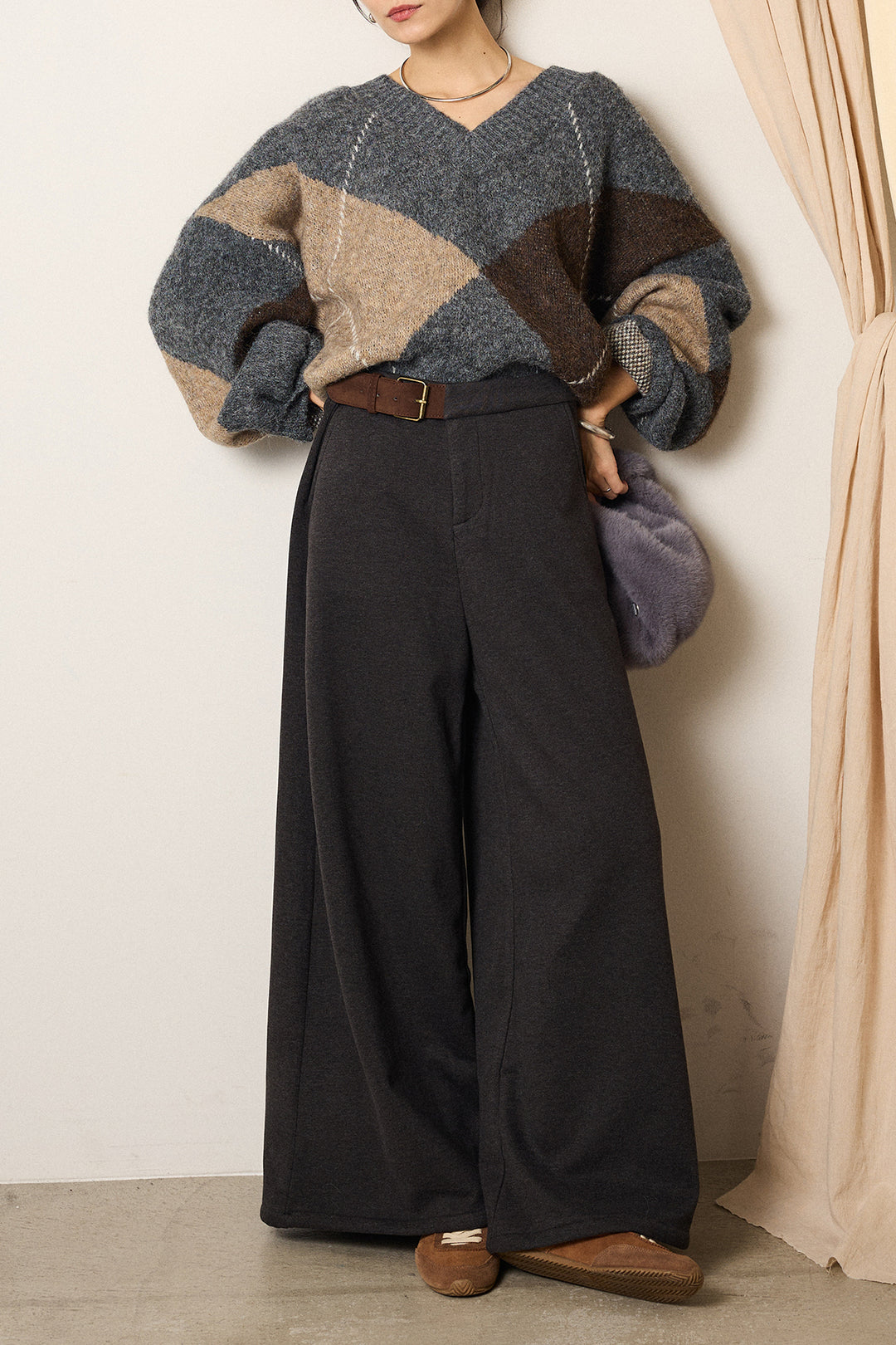[SET]ルーズアーガイルVネックニット+サイドベルトパンツ(2set)