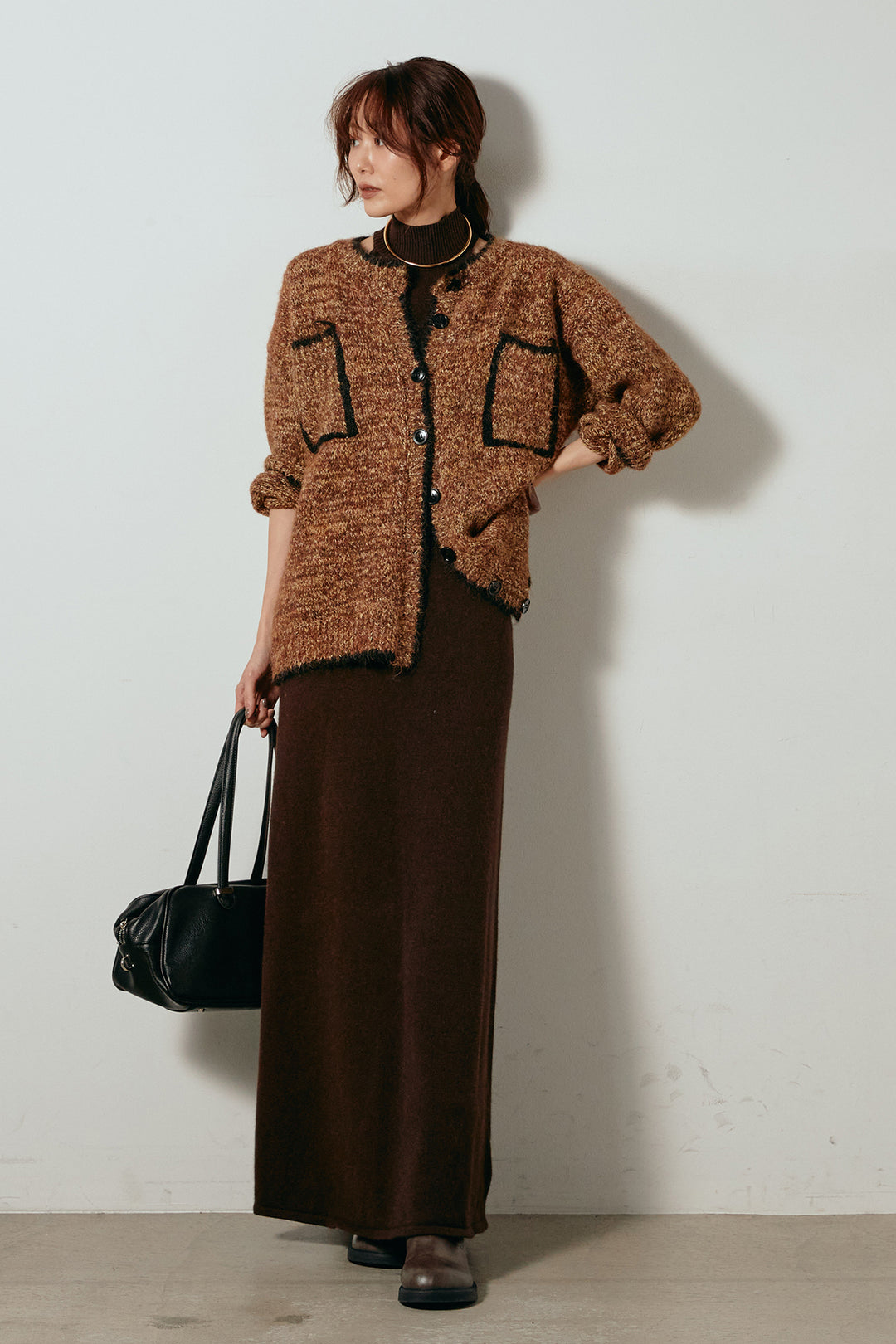 [SET]ミックスニットポケットカーディガン+ノースリーブニットロングワンピース(2set)