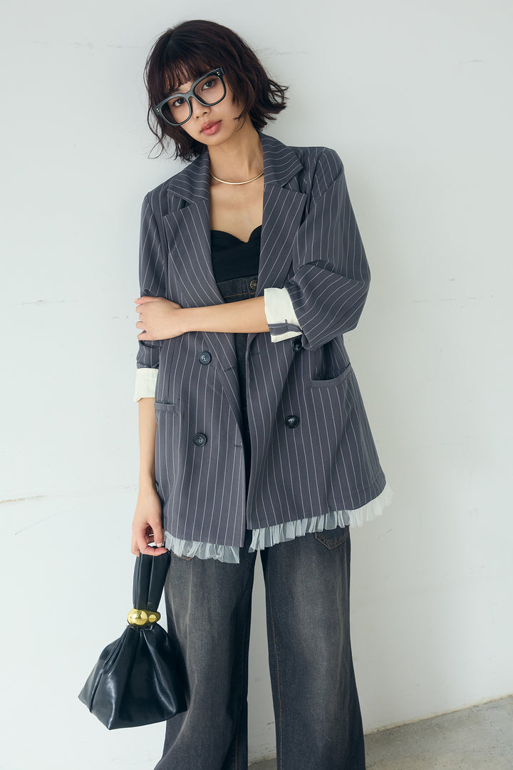 [SET]裾フリルダブルジャケット+デニムサロペットワイドパンツ(2set)