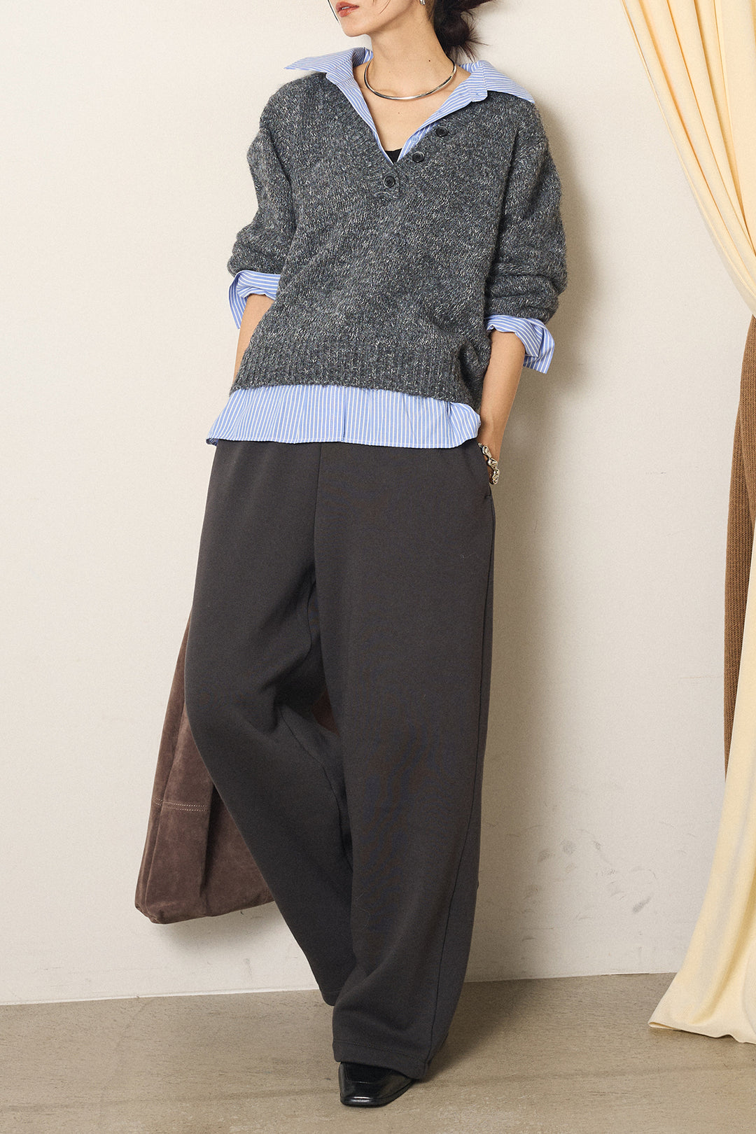 [SET]ストライプシャツドッキングニットポロトップス+裏起毛スウェットワイドパンツ(2set)