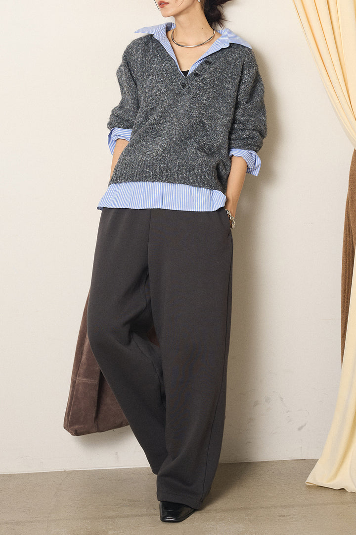 [SET]ストライプシャツドッキングニットポロトップス+裏起毛スウェットワイドパンツ(2set)