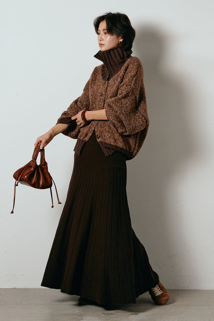 [SET]ハイネックミックスニットカーディガン+編み地切り替えフレアニットスカート(2set)