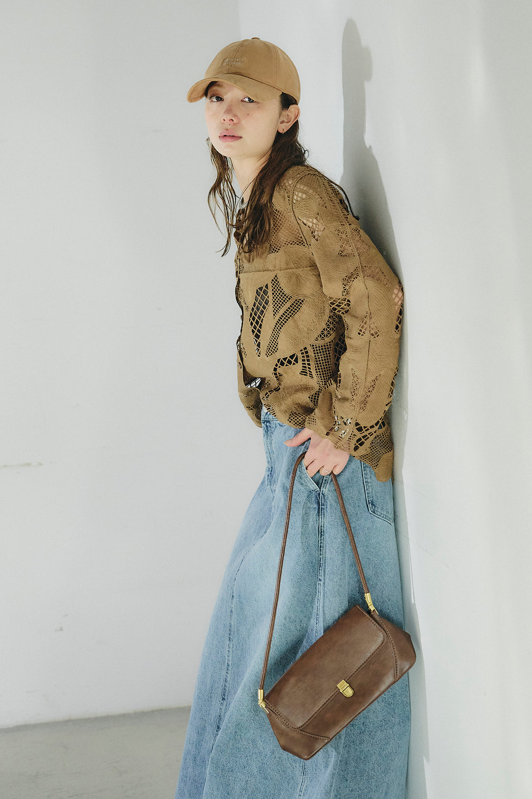 [SET]フラワー刺繍レースブラウス+デニムロングフレアスカート(2set)