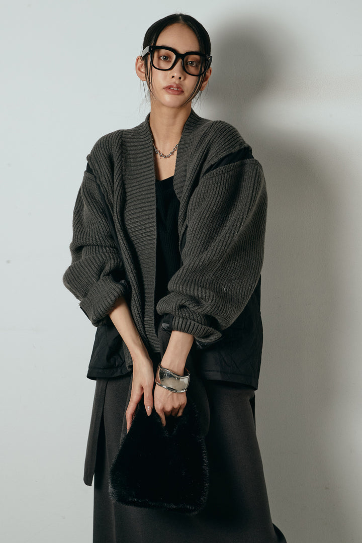 [SET]キルティング切り替えニットカーディガン+ウエストラップ巻きニットスカート(2set)