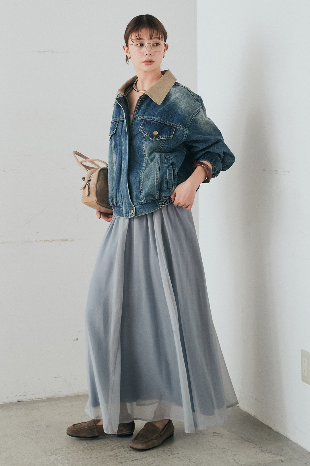 [SET]襟切り替えジップデニムジャケット+リラックスシアーフレアスカート(2set)