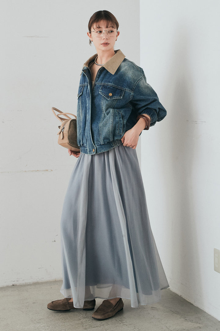 [SET]襟切り替えジップデニムジャケット+リラックスシアーフレアスカート(2set)