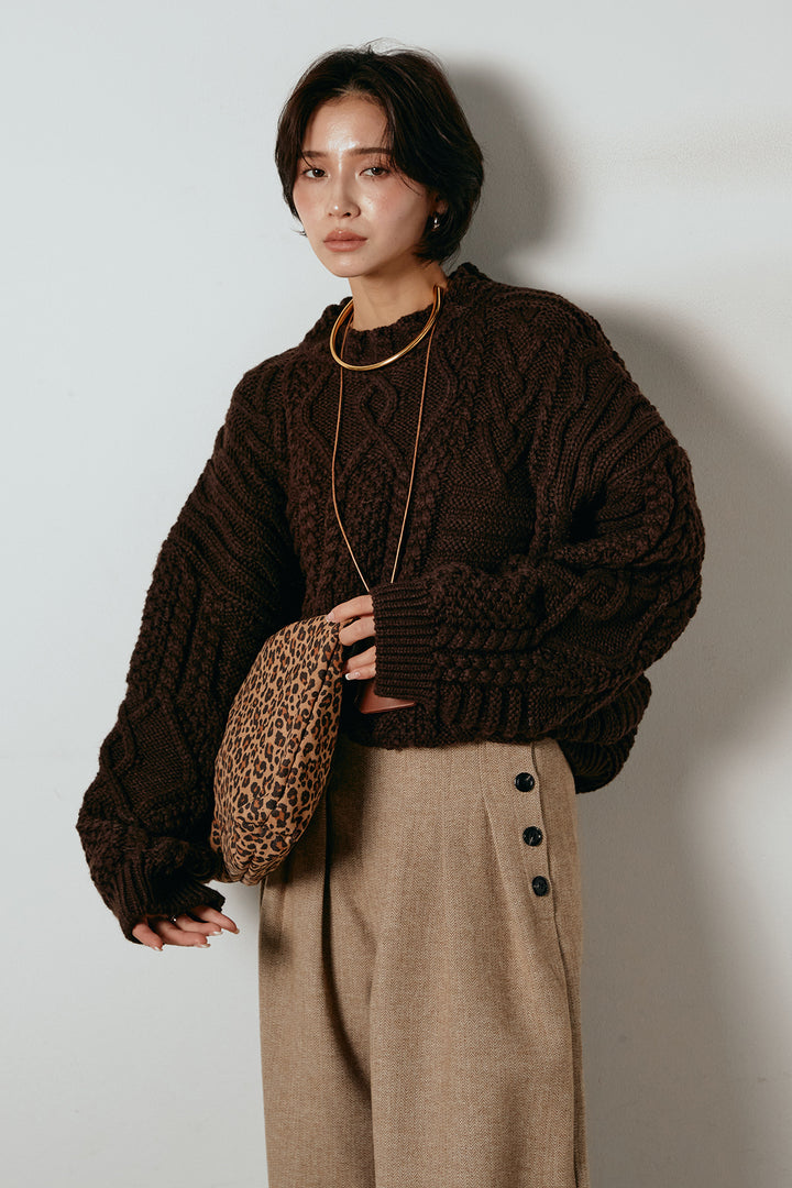 [SET]アラン柄ミックスケーブルニット+サイドボタンツイードタックパンツ(2set)