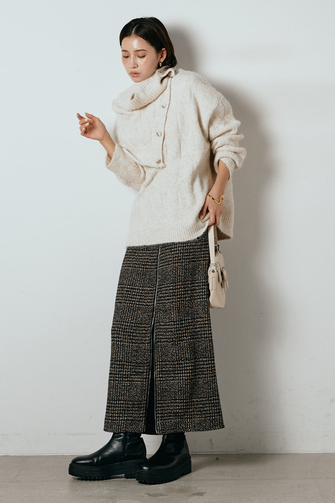 [SET]ケープデザインケーブルニットトップス+グレンチェック柄フロントジップタイトスカート(2set)