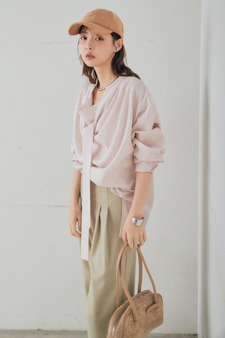 [SET]ニュアンスボータイブラウス+斜めボタンタック入りスラックス(2set)