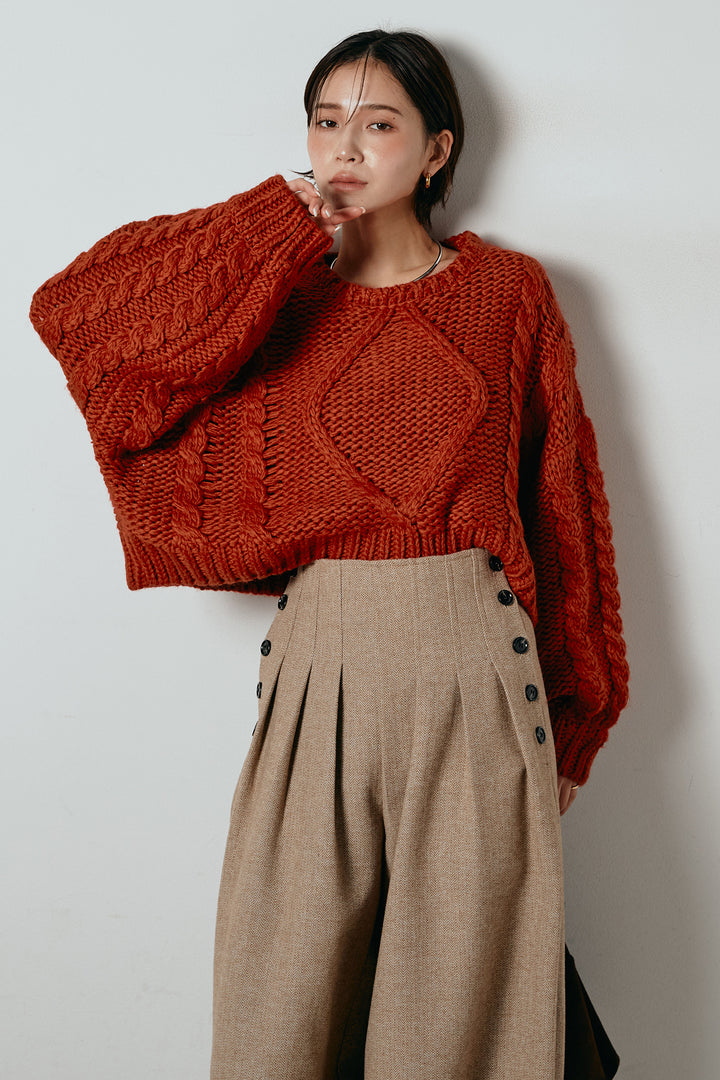 [SET]ロービングケーブルショート丈プルオーバー+サイドボタンツイードタックパンツ(2set)