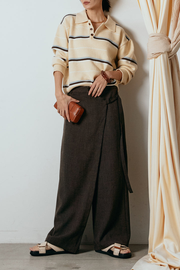 [SET]襟付きマルチボーダーニットポロトップス+ラップ巻きワイドスラックス(2set)