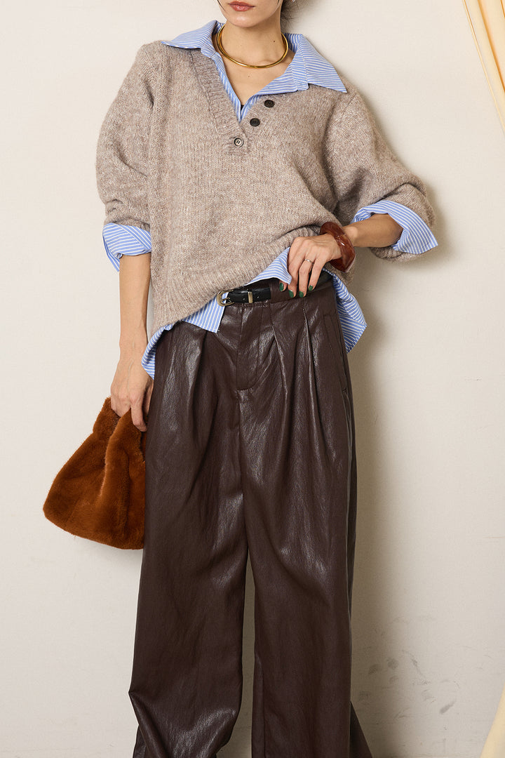 [SET]ストライプシャツドッキングニットポロトップス+ベルト付きレザーライクタックパンツ(2set)