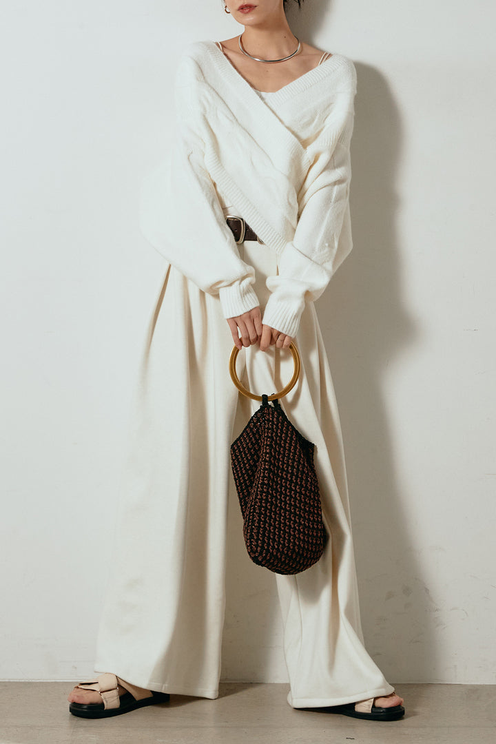 [SET]ケーブルカシュクールニットトップス+フェイクレザー太ベルト付きタックワイドパンツ(2set)