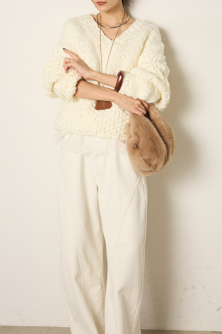 [SET]Vネックハンド編みニットトップス+ベルト付きカジュアルカーブワイドパンツ+レース切り替えキャミソール(3set)