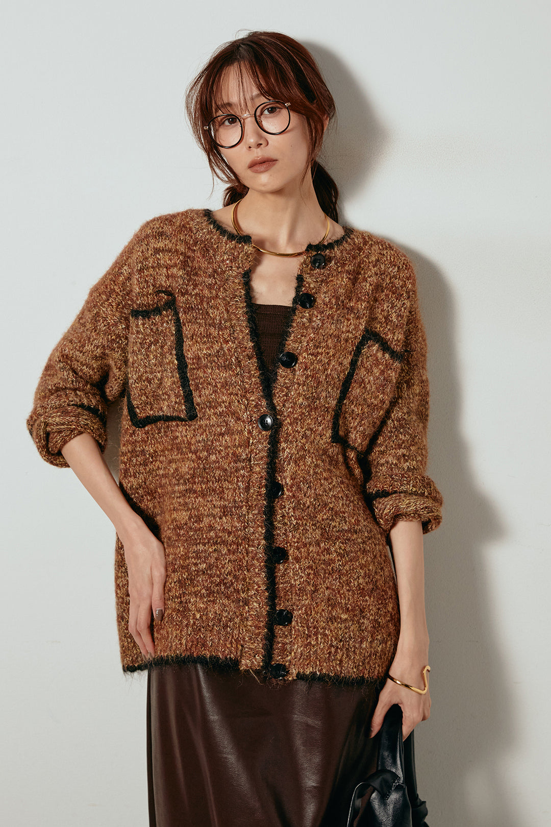 [SET]ミックスニットポケットカーディガン+紐付きフェイクレザーワイドスカート(2set)