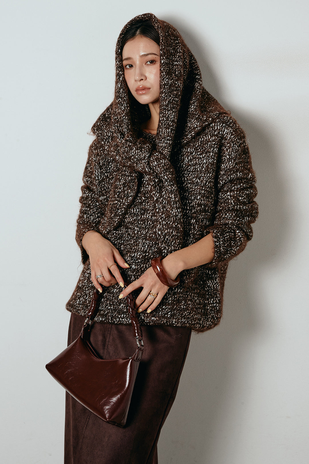 [SET]スカーフ付きミックスニットトップス+スウェードライク裾フリンジスカート(2set)