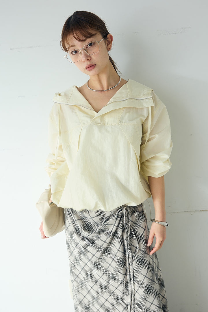 [SET]ナイロンフーディーブルゾンアウター+タータンチェック柄フロントデザインスカート(2set)