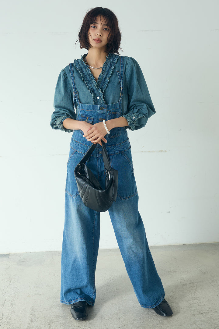 [SET]Vネックデニムフリルトップス+デニムサロペットワイドパンツ(2set)