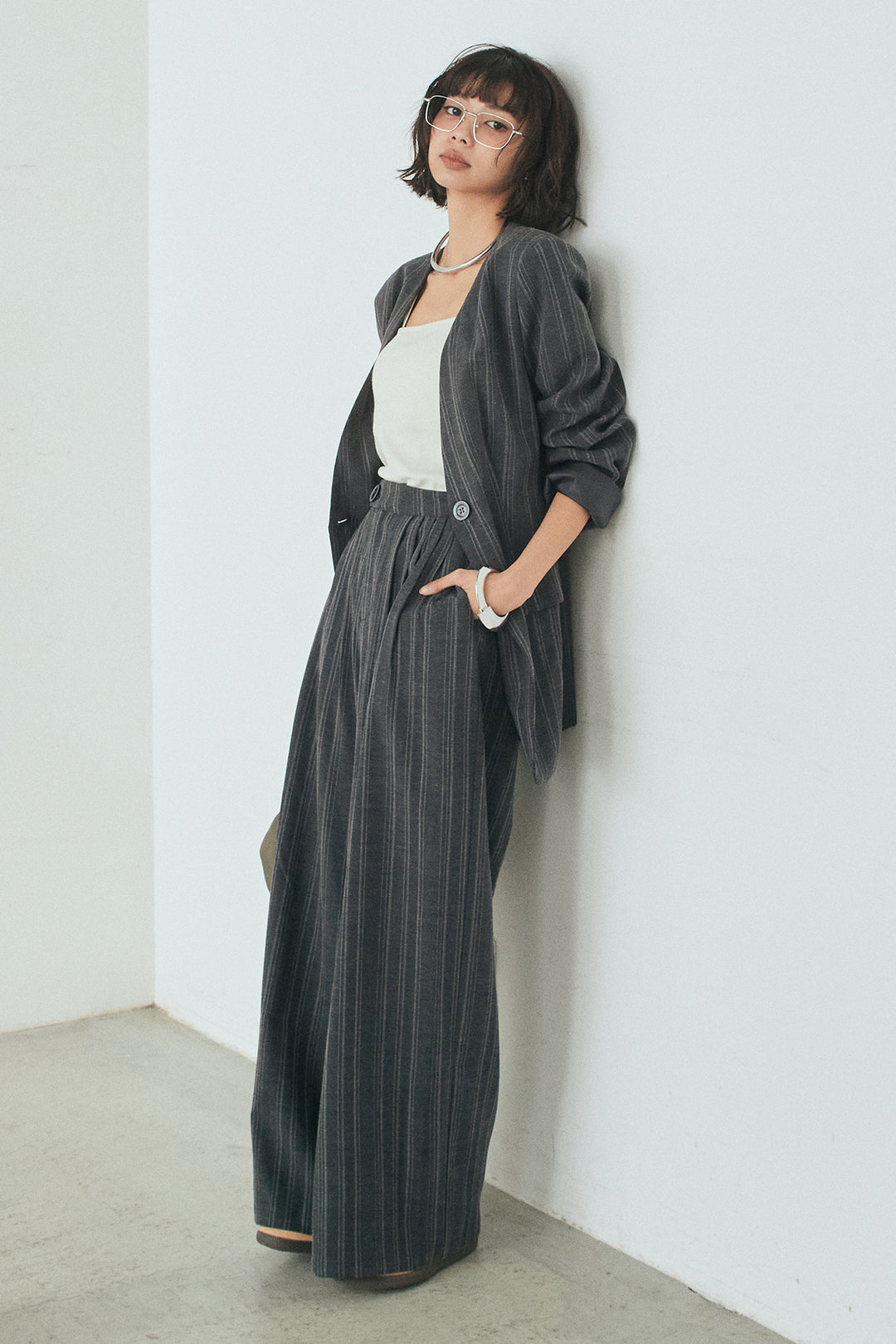 [SET]ノーカラーピンストライプジャケット+ピンストライプワイドスラックス(2set)