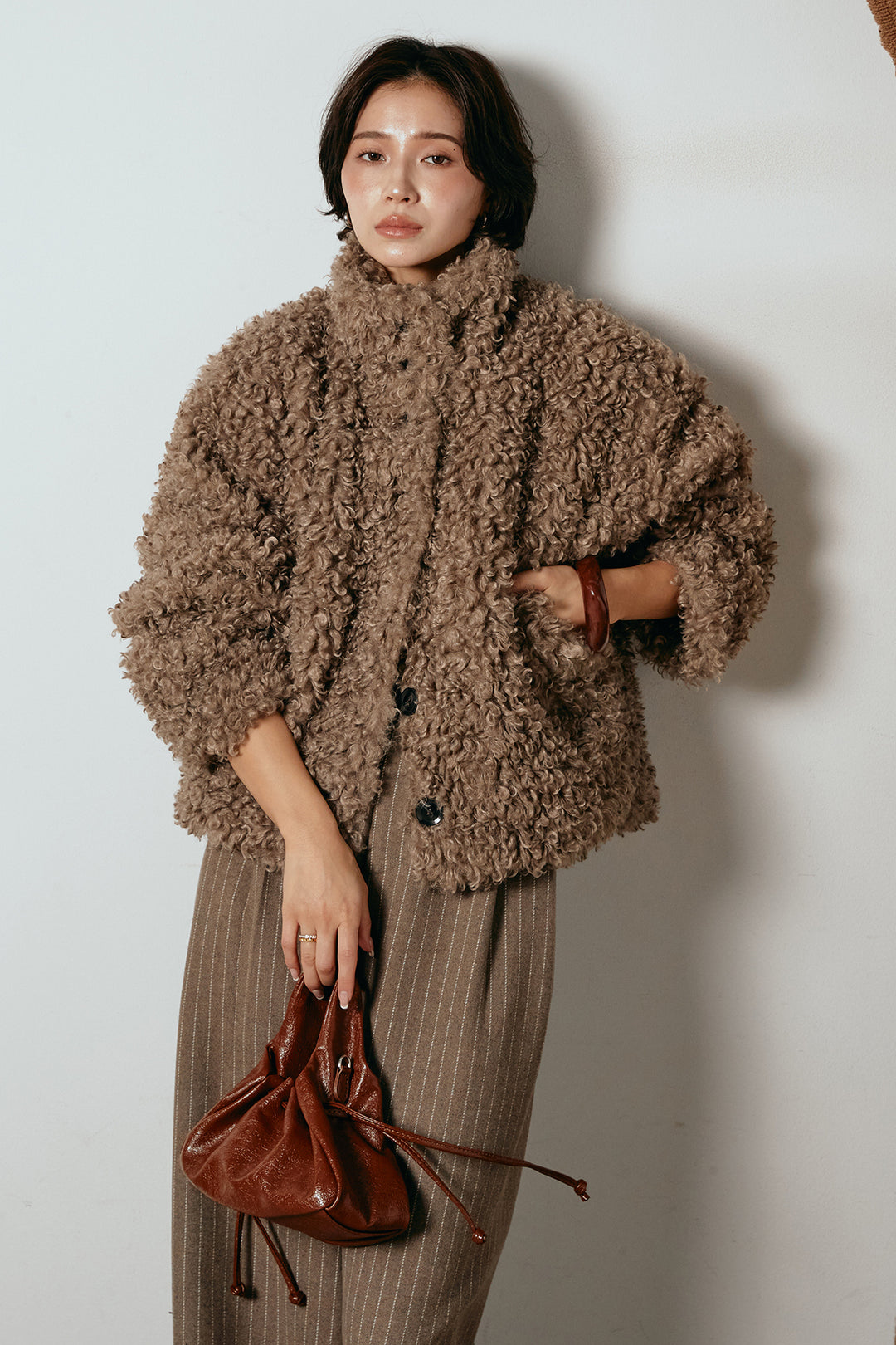 [SET]プードルファーミドルジャケット+ウールライクストライプパンツ(2set)