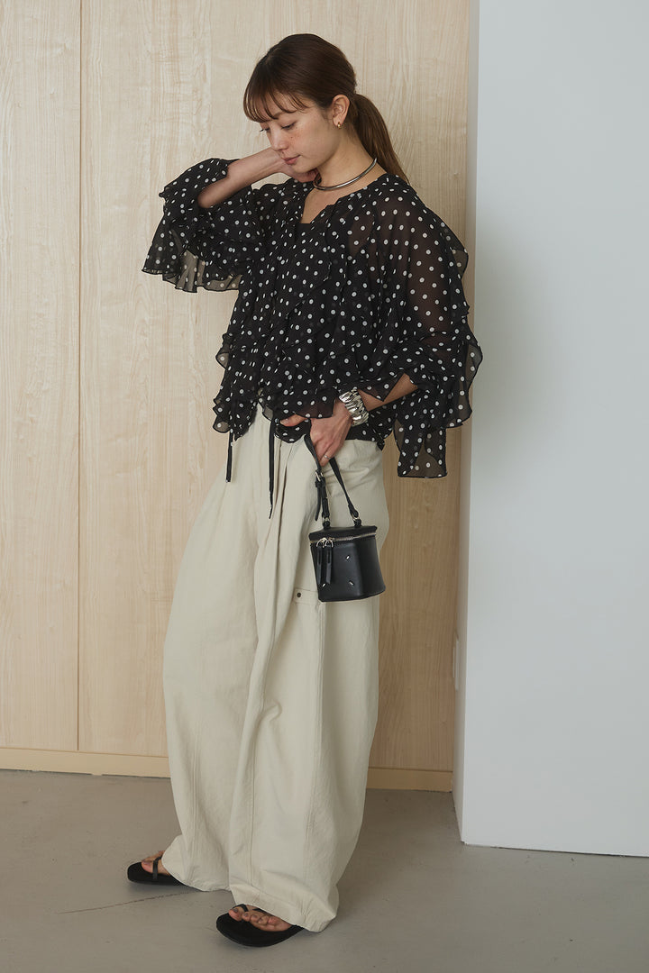 [SET]ドットフリル長袖ブラウス+コットンポリツータックセンターシームカーブパンツ(2set)