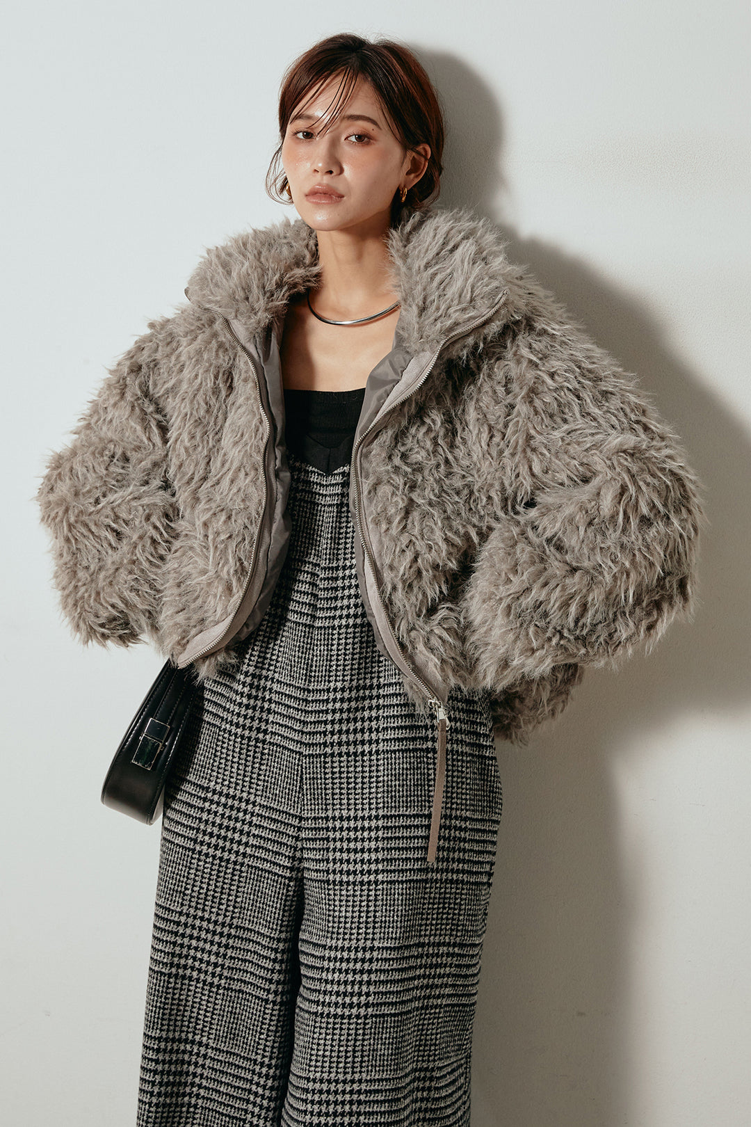 [SET]ミックスシープファースタンドブルゾン+前後2wayグレンチェック柄スカーチョサロペット(2set)