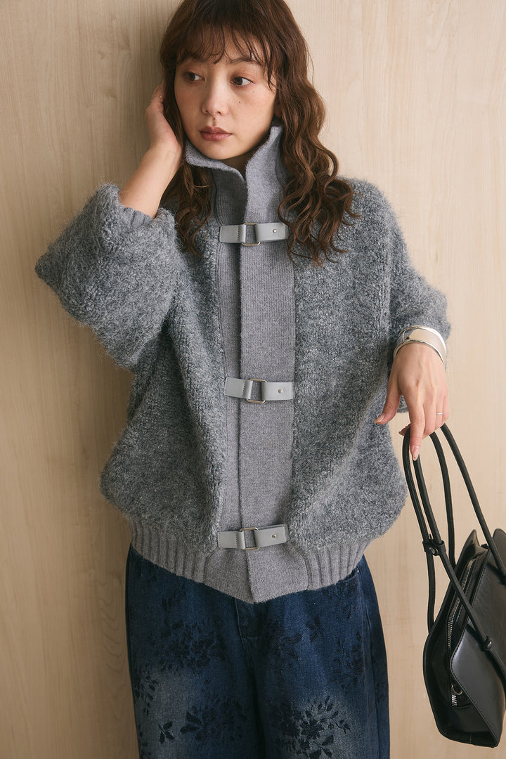 [SET]ブークレーハイネックニットジャケット+フラワーモチーフ刺繍カーブデニム(2set)