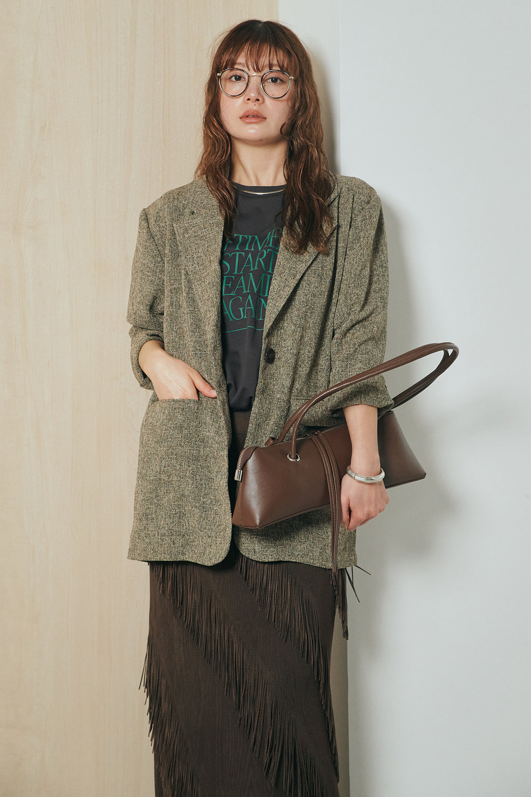 [SET]ミックスツイードベルト付きジャケット+斜めフリンジデザインスカート(2set)