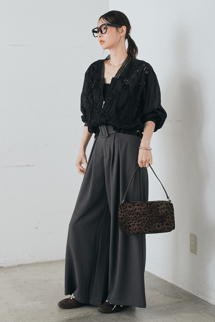 [SET]モチーフ付きシアーブルゾン+ベルト付きツータックワイドパンツ(2set)