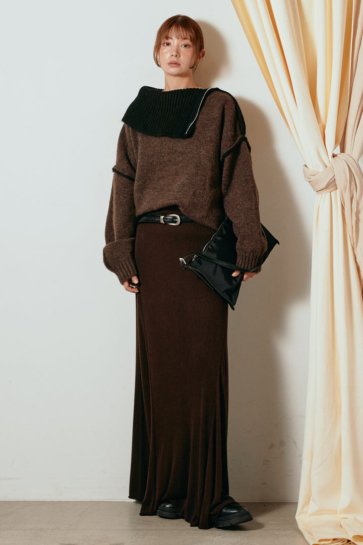 [SET]ハイネックジップデザインニットトップス+サイド切り替えリブニットロングスカート(2set)