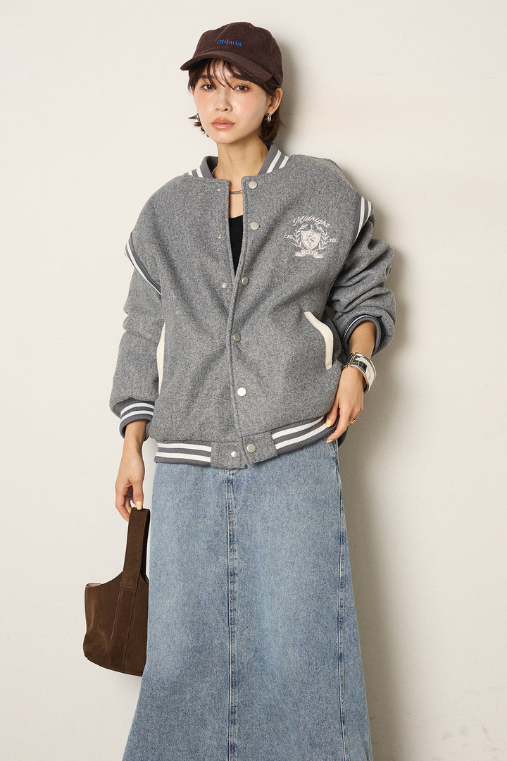 [SET]ワンポイントデザインブルゾン+デニムロングフレアスカート(2set)