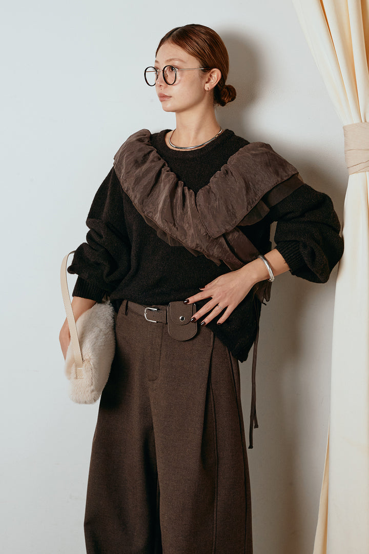 [SET]アシンメトリーフリルニットトップス+ポーチベルト付きカーブパンツ(2set)