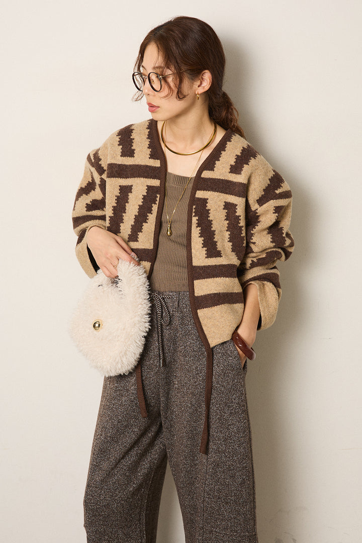[SET]幾何学柄ノーカラーカーディガン+杢ニットフレアパンツ(2set)