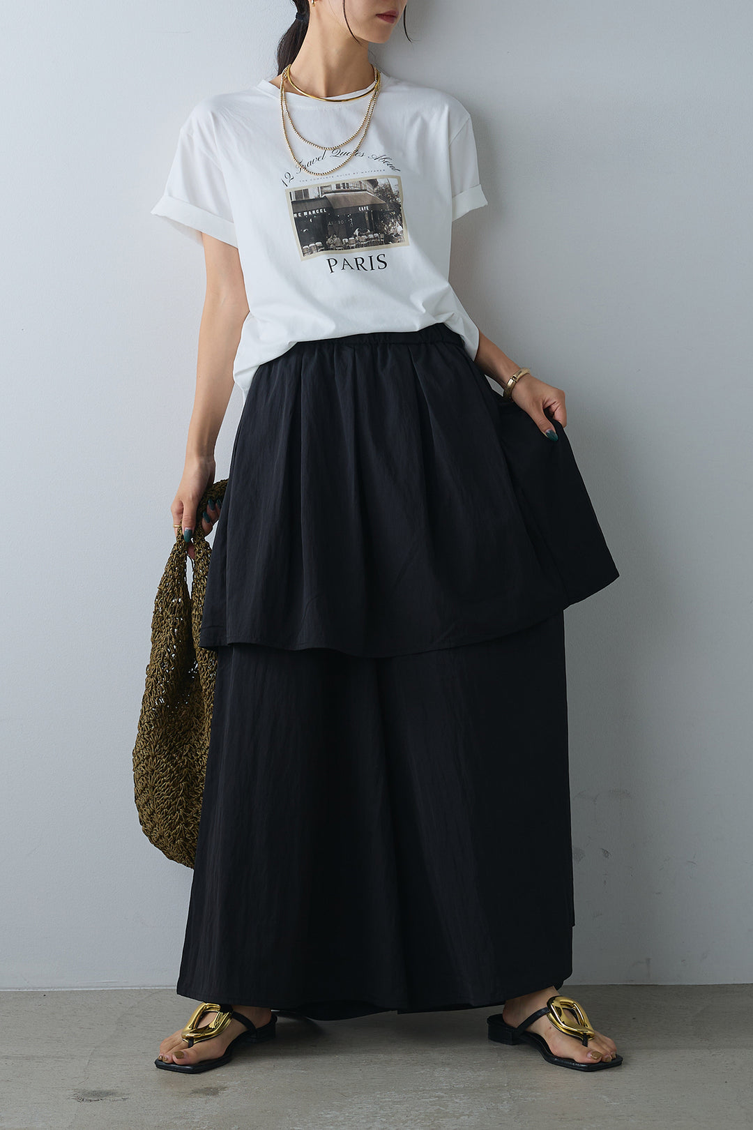 [SET]PARISフォトTシャツ+タックスカートドッキングフレアパンツ(2set)