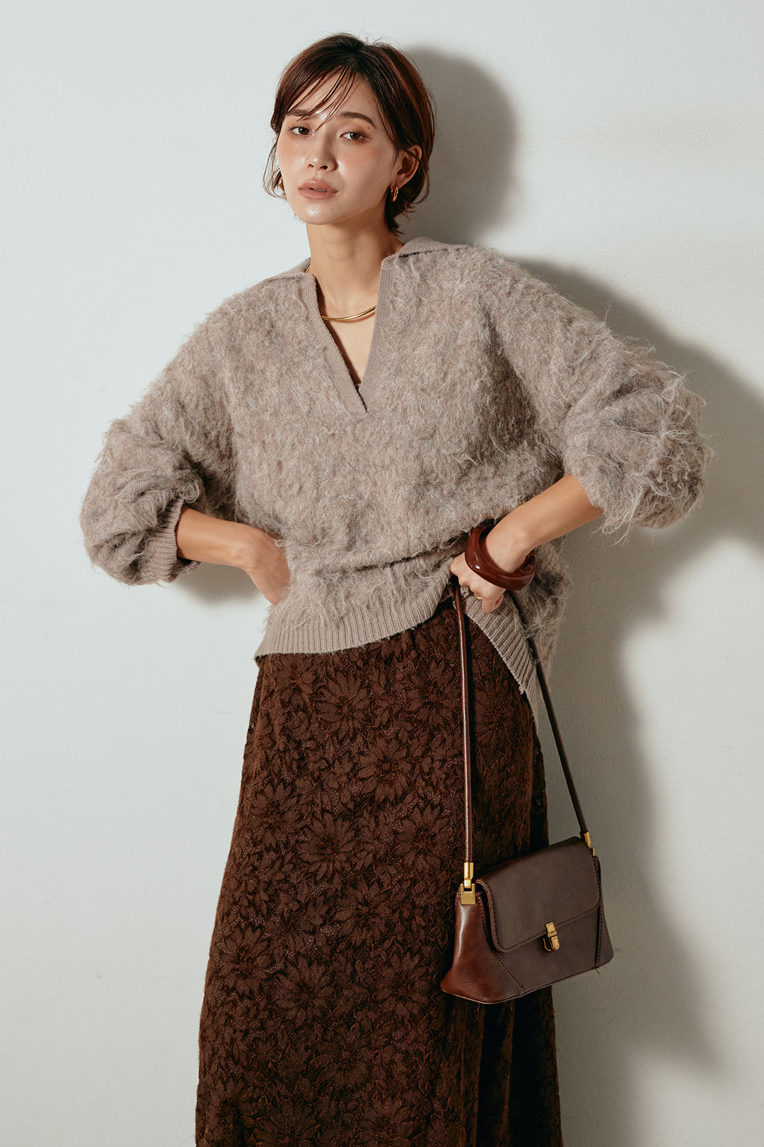 [SET]襟付きシャギーニットポロトップス+花柄刺繍ベロアフレアスカート(2set)