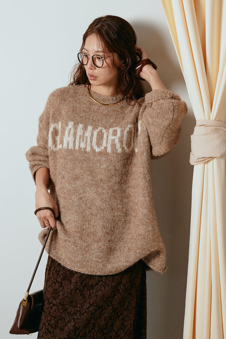 [SET]フロントロゴデザインニットトップス+花柄刺繍ベロアフレアスカート(2set)