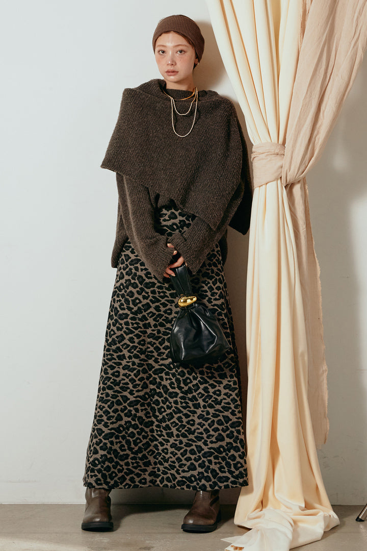 [SET]ケープデザインリブニットトップス+レオパードロングスカート(2set)