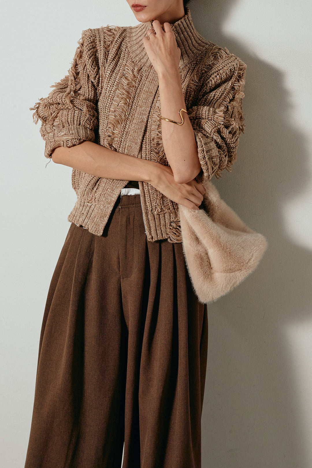 [SET]ハイネックフリンジジップニットトップス+ウエストステッチデザインワイドスラックス(2set)