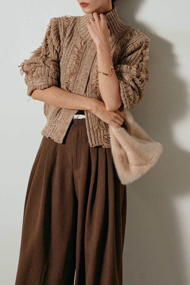 [SET]ハイネックフリンジジップニットトップス+ウエストステッチデザインワイドスラックス(2set)