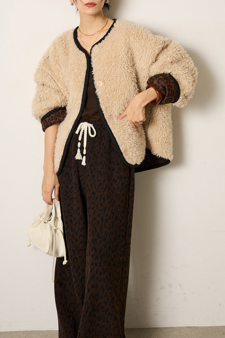 [SET]ノーカラー裏地レオパードボアアウター+レオパードジャガードニットパンツ(2set)