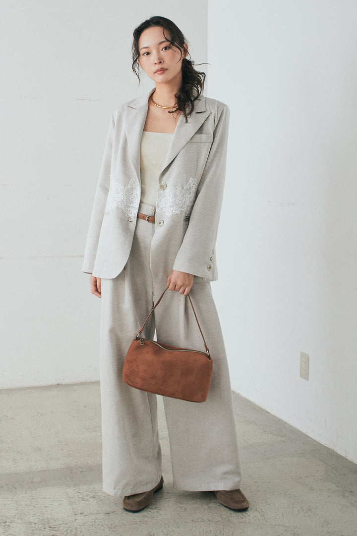 [SET]リネンタッチレースデザインジャケット+リネンタッチ細ベルト付きワイドパンツ(2set)