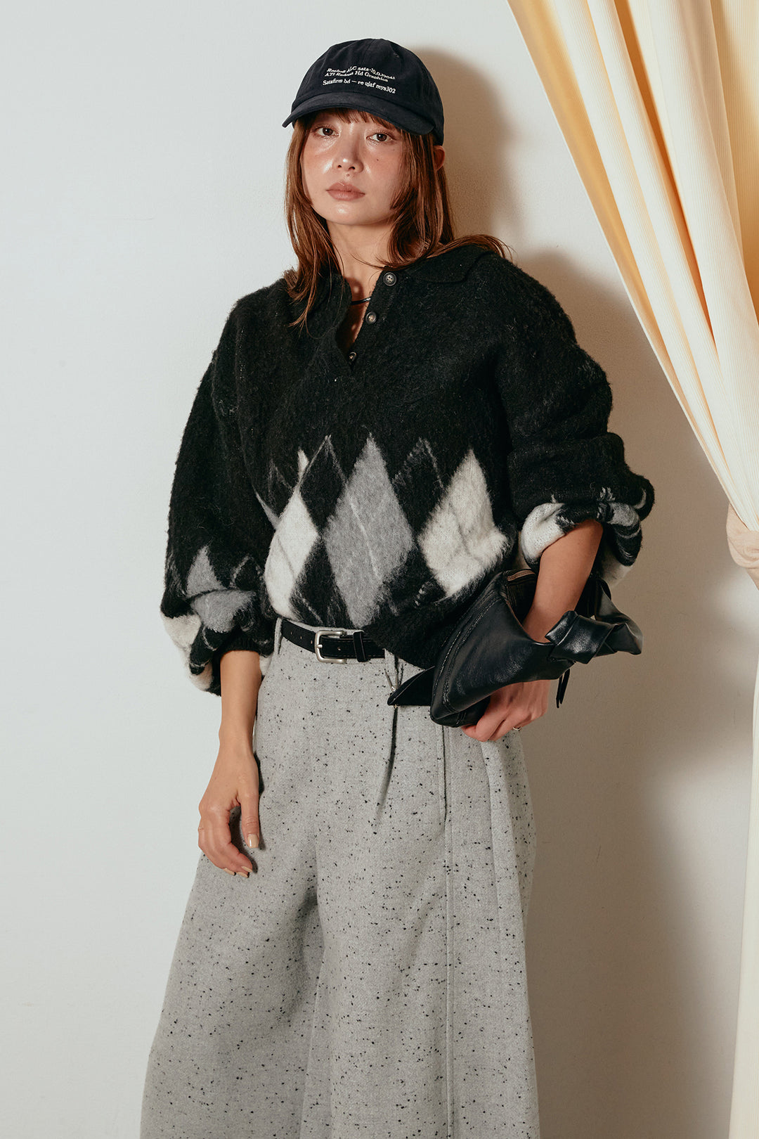 [SET]アーガイル柄ポロニットトップス+ベルト付きネップツイードカーブパンツ(2set)