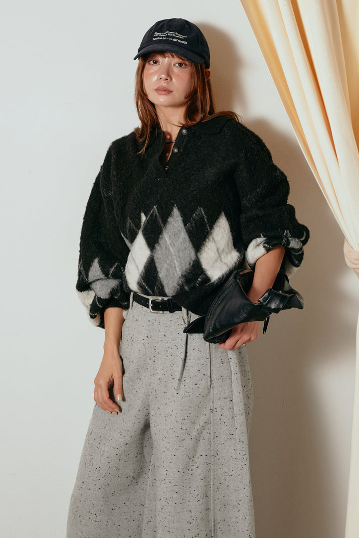 [SET]アーガイル柄ポロニットトップス+ベルト付きネップツイードカーブパンツ(2set)