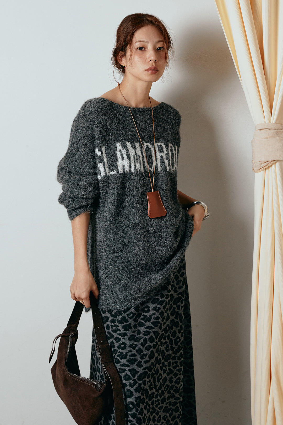 [SET]フロントロゴデザインニットトップス+レオパードロングスカート(2set)