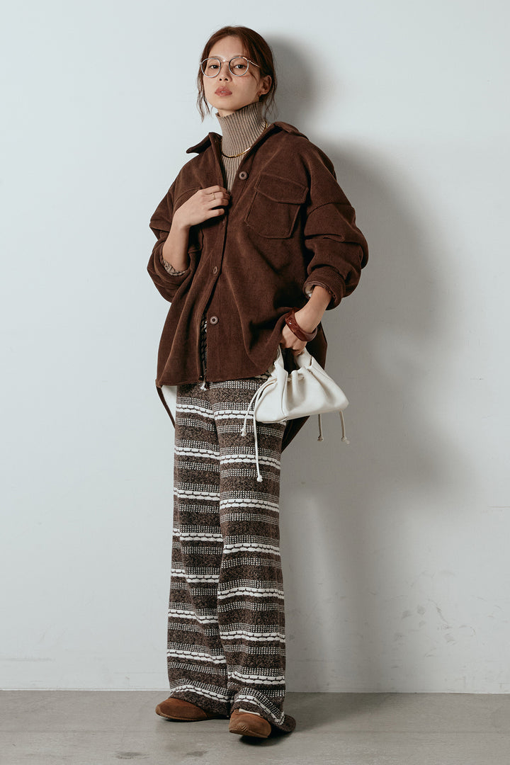 [SET]襟付きコーデュロイポケットシャツ+マルチライン柄リラックスニットパンツ(2set)
